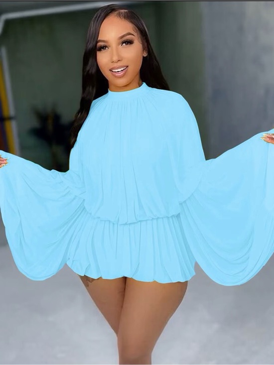 None Pants - Light Blue Pleated Long-Sleeve Romper